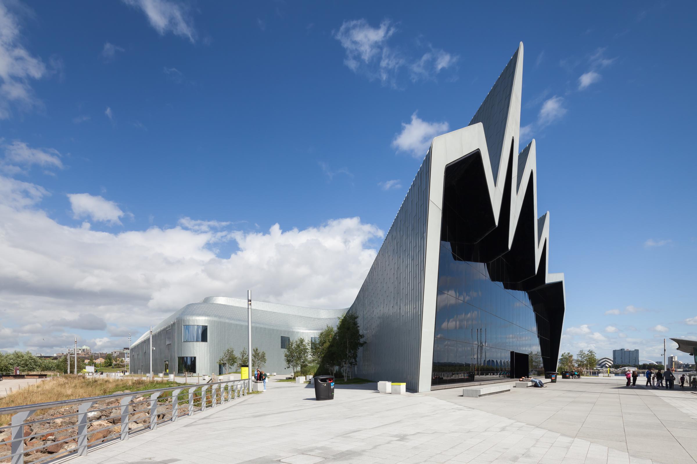 Photograph of Riverside Museum of Transport, designed by Zaha Hadid Architects and located in Glasgow, United Kingdom