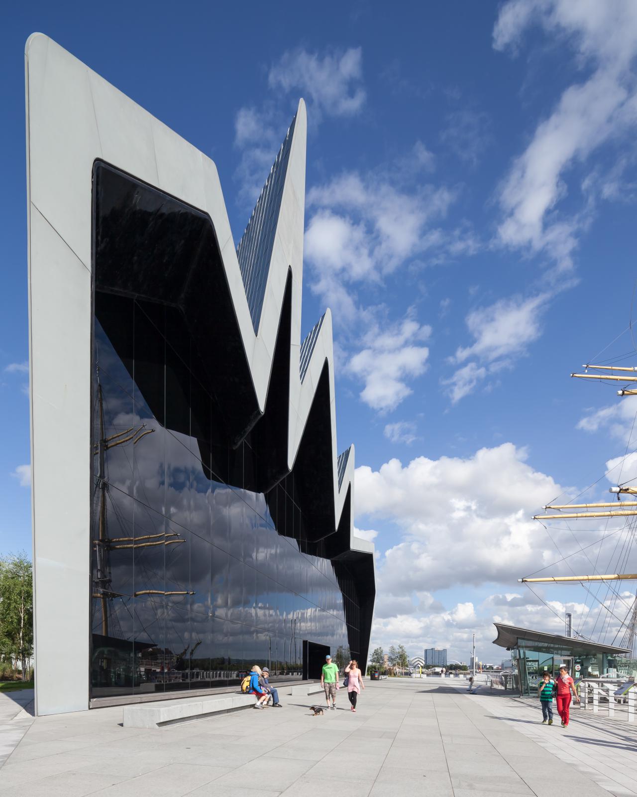 Photograph of Riverside Museum of Transport, designed by Zaha Hadid Architects and located in Glasgow, United Kingdom
