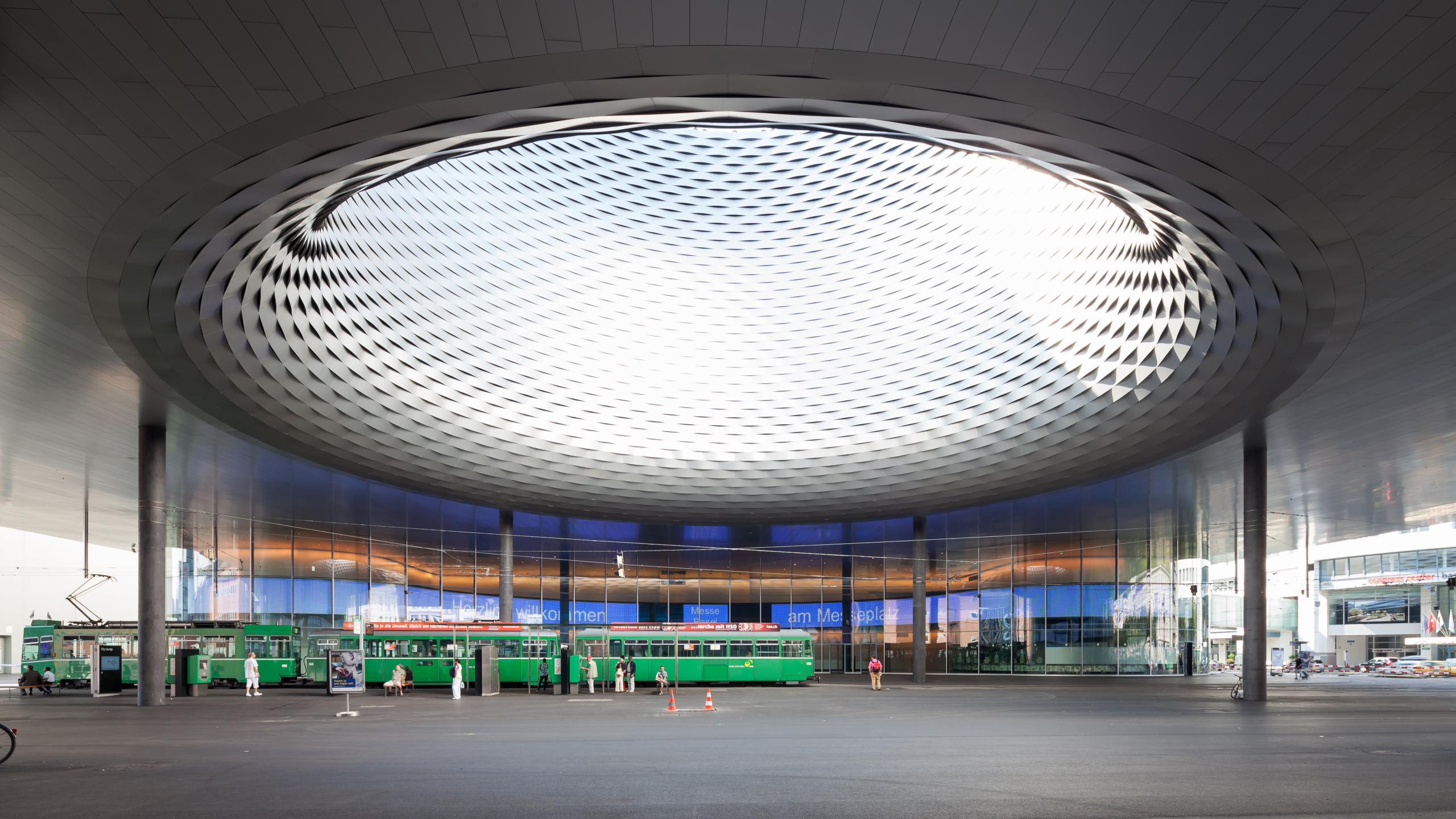 Photograph of Messe Basel New Hall, designed by Herzog & de Meuron and located in Basel, Switzerland
