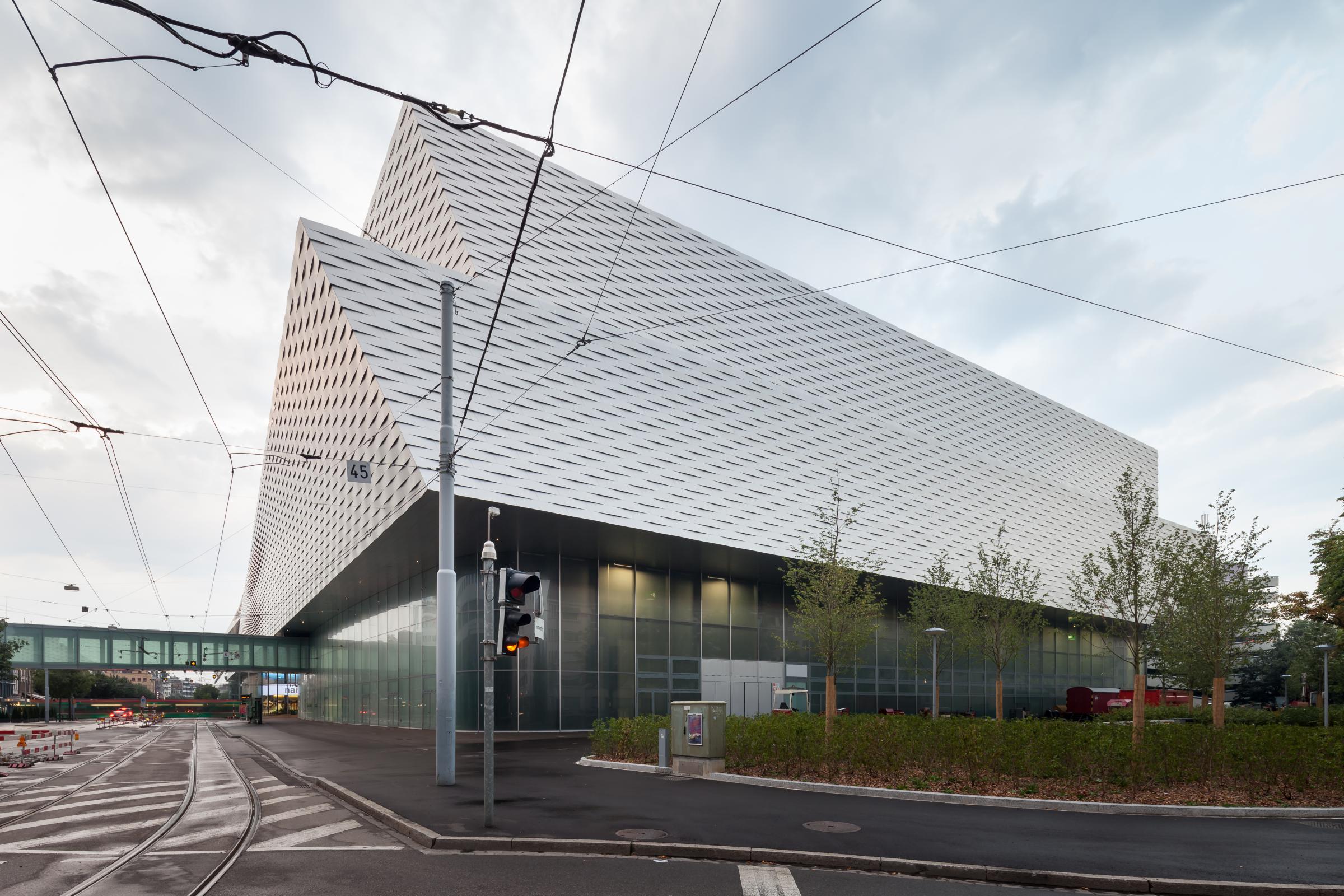 Photograph of Messe Basel New Hall, designed by Herzog & de Meuron and located in Basel, Switzerland